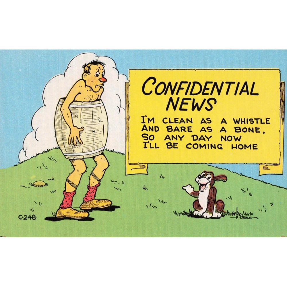Comic Linen Postcard H Dean Confidential News Man in Barrel Dog Humor C-248